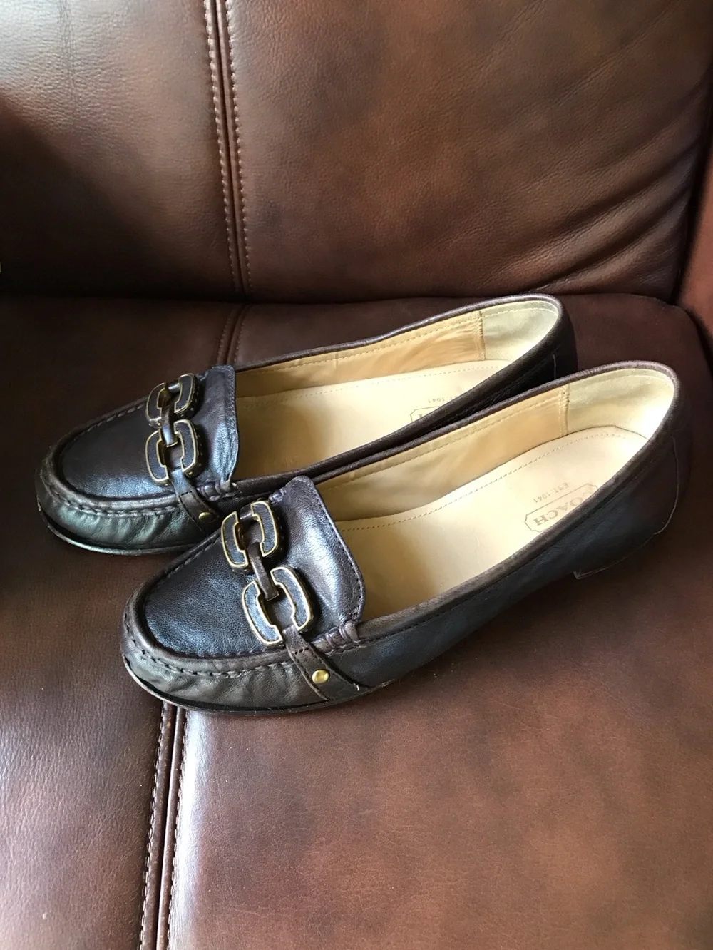 Coach Brown Leather Slip-On Loafers with Gold Hardware
